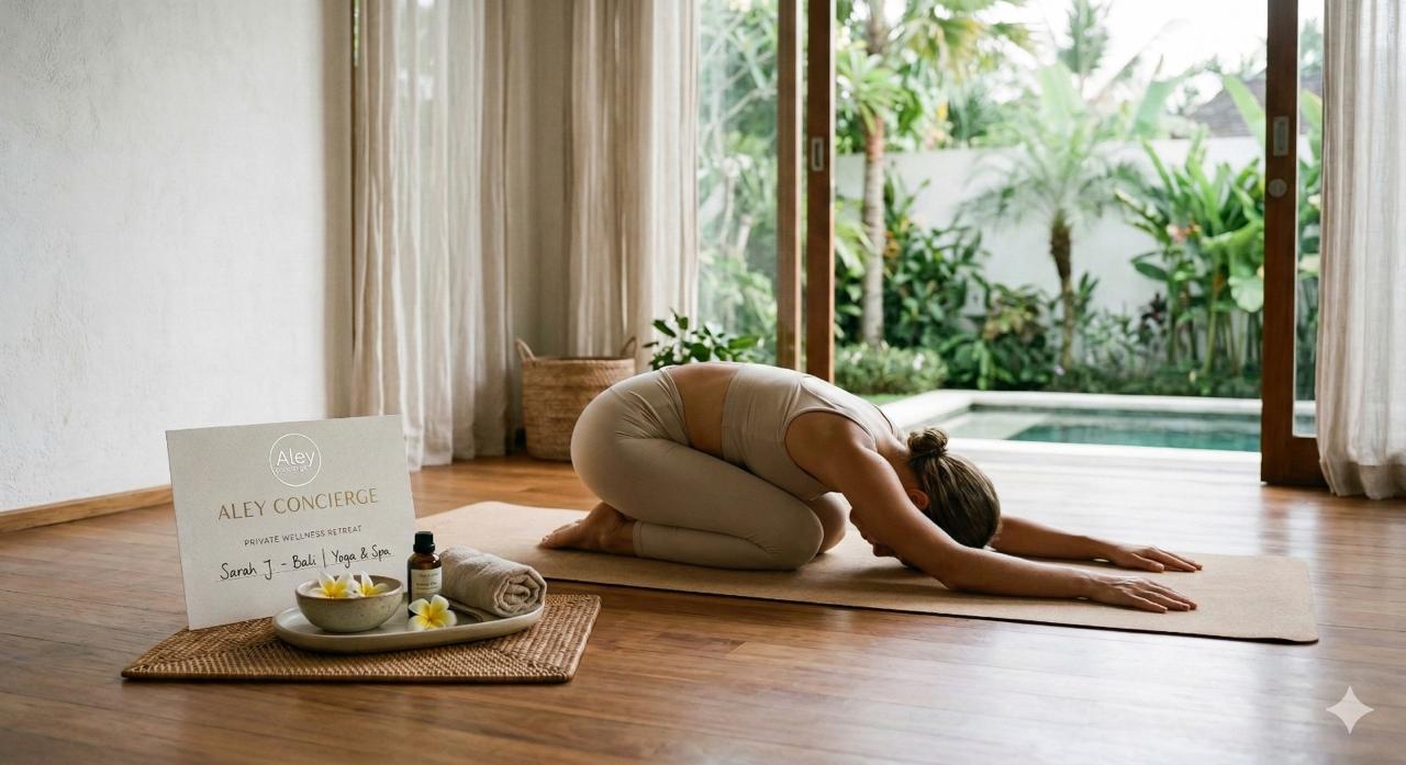 Private yoga session in a Bali villa pavilion